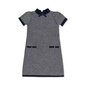 Hope & Henry Girl Organic Short Sleeve Ruffle Edge Sweater Dress Navy Offwhite 6